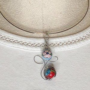 Silver Plated Porcelain Bead Pendant/ Necklace – Multi Colored & Handmade
